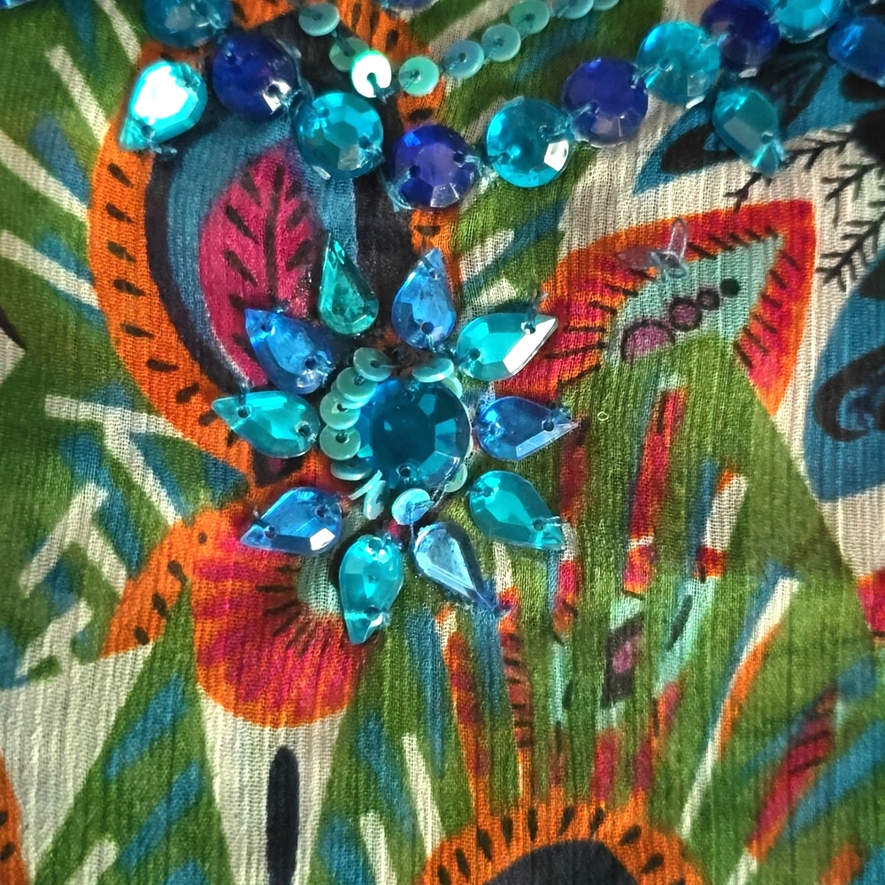 Sheer Colorful Peacock jeweled embellished adjustable Kimono Cover up Sz OS - Picture 8 of 9